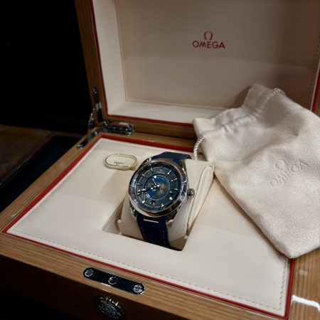 Omega Aqua Terra Worldtimer cadran bleu globe 24 fuseaux horaires